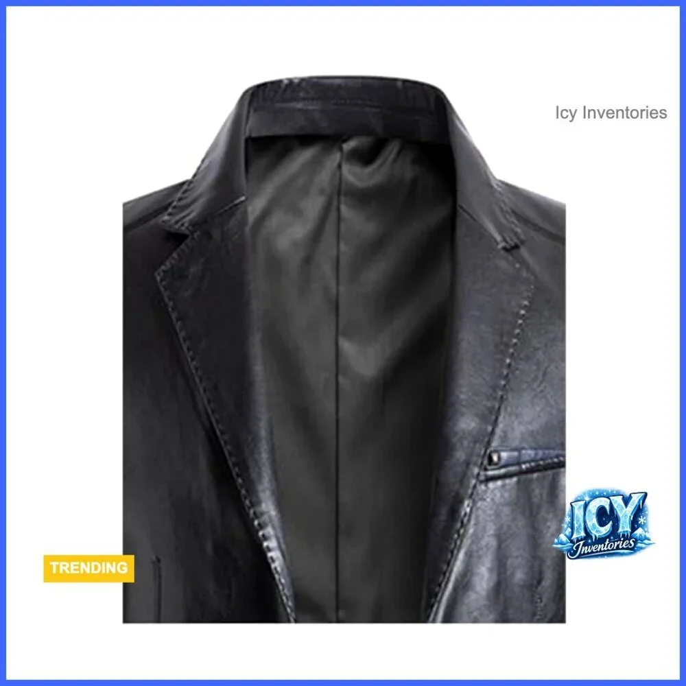 Men's Winter Faux Leather Blazer Suit Jacket Notched Collar Slim Moto